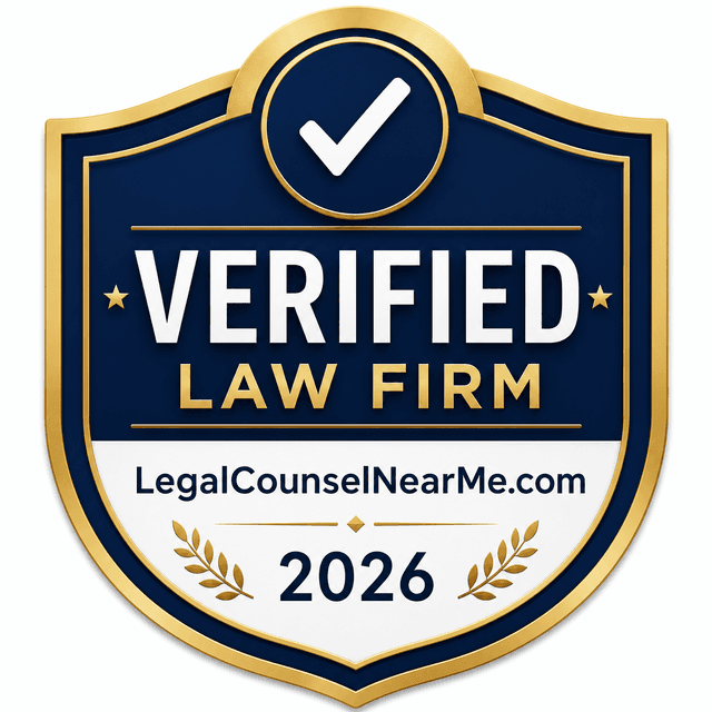 LegalCounselNearMe.com Verified Law Firm badge, 2026